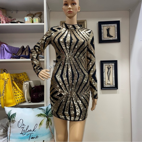 slim fit dress slacks Gold Sequined Short Dress with Long Sleeves main image 0